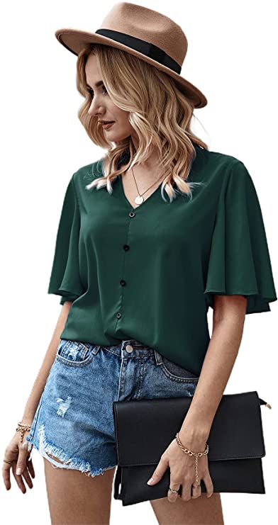 Women's Butterfly Sleeve Button Front V Neck Casual Blouse Tops