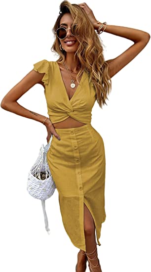 Women's Twist Plunging Neck Ruffle Crop Blouse Top 2 Pieces Midi Skirt Set