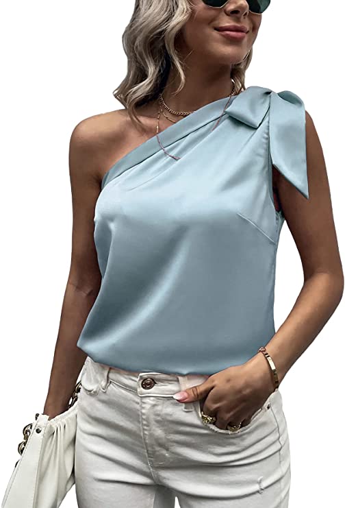 Women's Satin One Shoulder Tunic Tops Sleeveless Tie Knot Shirt Blouses