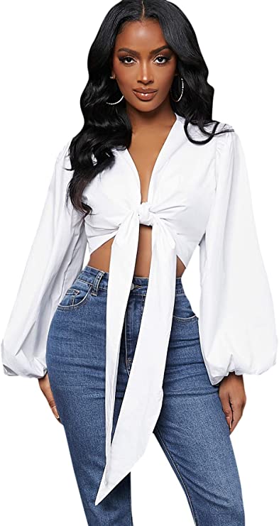 Women's Long Sleeve Solid Blouse Bow Tie Plunging V Neck Bishop Sleeve Top