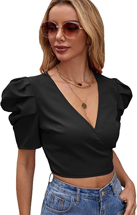 Women's Short Puff Sleeve V Neck Wrap Tie Back Crop Top Plain Work Blouse