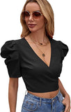 Women's Short Puff Sleeve V Neck Wrap Tie Back Crop Top Plain Work Blouse