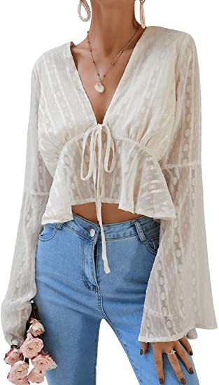 Women's Deep V Neck Sheer Mesh Blouses Long Sleeve Tie Front Peplum Crop Tops