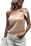 Women's Satin One Shoulder Tunic Tops Sleeveless Tie Knot Shirt Blouses