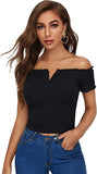 Women's Off Shoulder Crop Tee Top Short Sleeve Notch Neck Ribbed Knit T Shirt