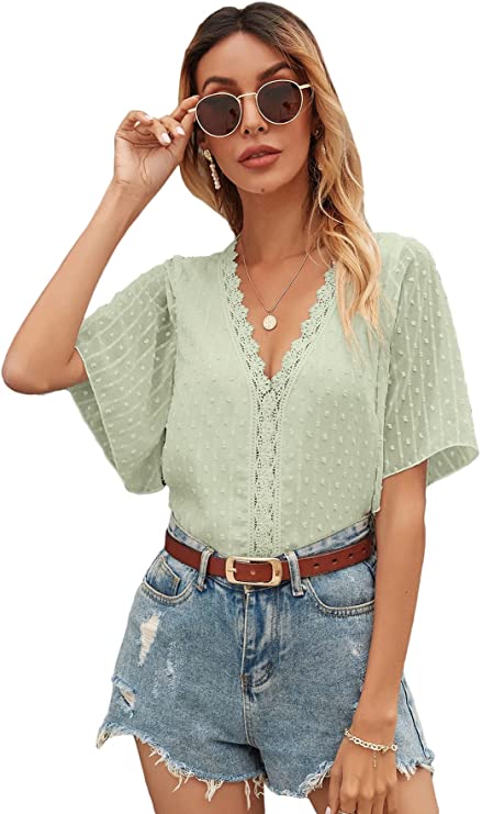 Women's Short Sleeve V Neck Summer Lace Tops Swiss Dots Casual Blouses Tee Shirts