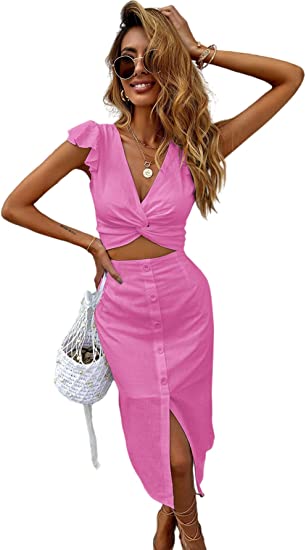 Women's Twist Plunging Neck Ruffle Crop Blouse Top 2 Pieces Midi Skirt Set