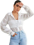 Women's Sheer Button Down Top Long Sleeve Collar Drop Shoulder Blouse Shirt