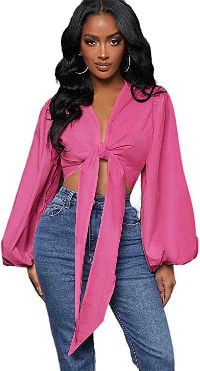 Women's Long Sleeve Solid Blouse Bow Tie Plunging V Neck Bishop Sleeve Top