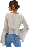 Women's Deep V Neck Sheer Mesh Blouses Long Sleeve Tie Front Peplum Crop Tops