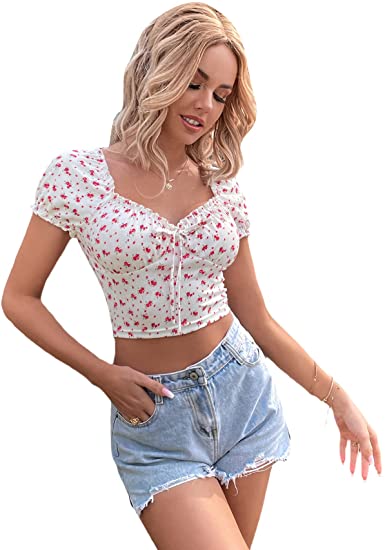 Women's Floral Print Puff Sleeve Tee Shirts Tie Front Frill Trim Crop Tops
