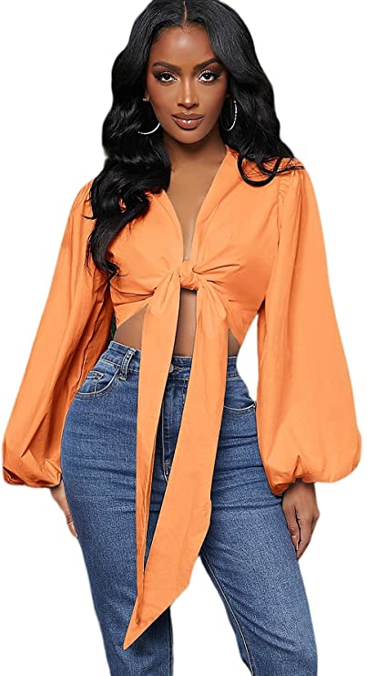 Women's Long Sleeve Solid Blouse Bow Tie Plunging V Neck Bishop Sleeve Top