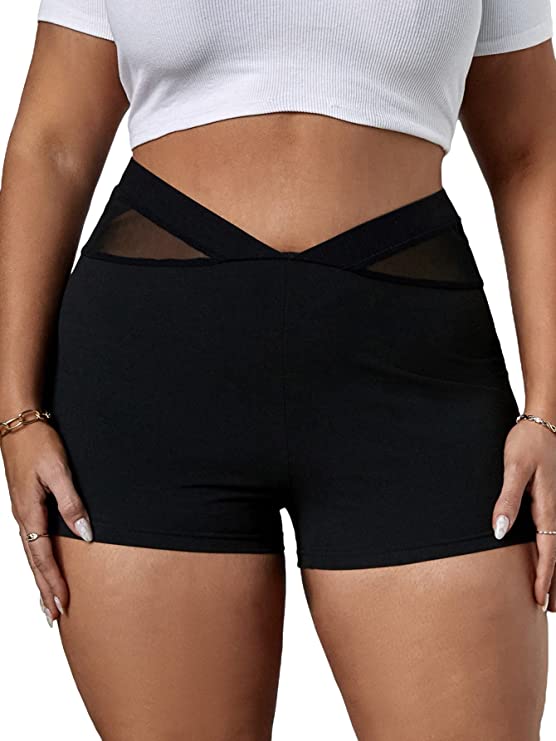 Women's Plus Mesh Biker Shorts High Waist Workout Shorts Compression Yoga Shorts
