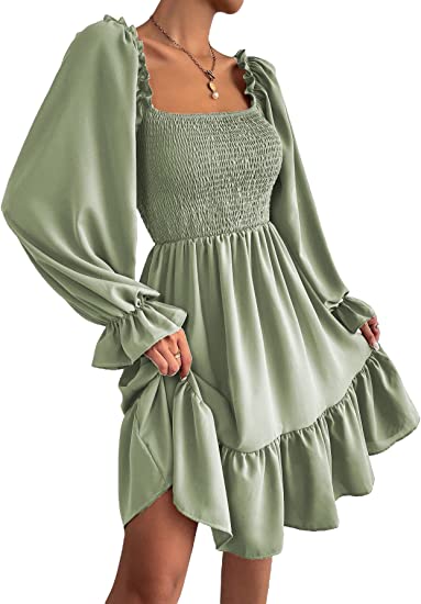 Women's Shirred Ruffle Long Flounce Sleeve Mini A Line Dress Square Ne –  Divahotcouture