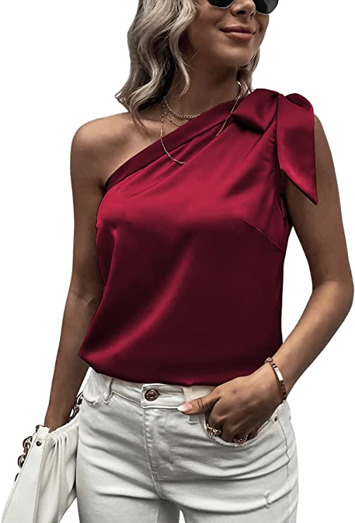Women's Satin One Shoulder Tunic Tops Sleeveless Tie Knot Shirt Blouses