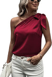 Women's Satin One Shoulder Tunic Tops Sleeveless Tie Knot Shirt Blouses