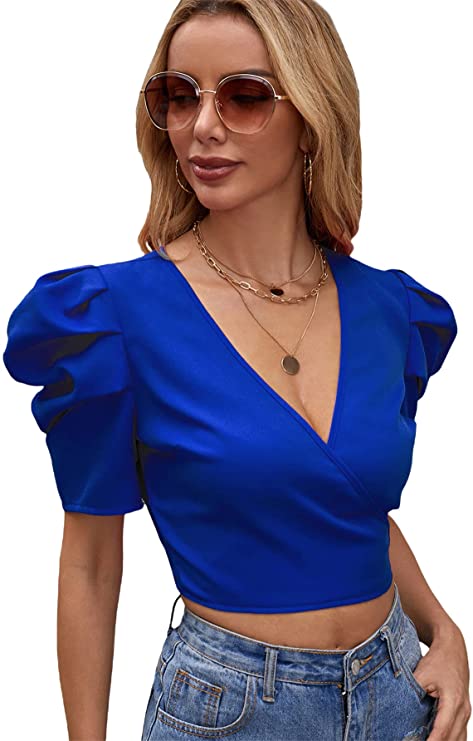 Women's Short Puff Sleeve V Neck Wrap Tie Back Crop Top Plain Work Blouse