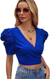 Women's Short Puff Sleeve V Neck Wrap Tie Back Crop Top Plain Work Blouse