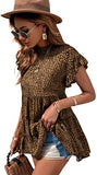 Women's Ruffle Cap Short Sleeve Peplum Top Leopard Mock Neck Blouse Shirt