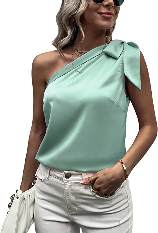 Women's Satin One Shoulder Tunic Tops Sleeveless Tie Knot Shirt Blouses