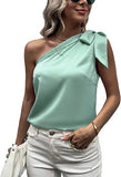 Women's Satin One Shoulder Tunic Tops Sleeveless Tie Knot Shirt Blouses