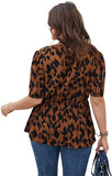 Women's Plus Keyhole Wrap Ruffle Peplum Top Blouse Leopard Short Sleeve V Neck Shirt