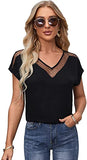 Women's Polka Dots Contrast Mesh Batwing Short Sleeve Shirt Blouse Top