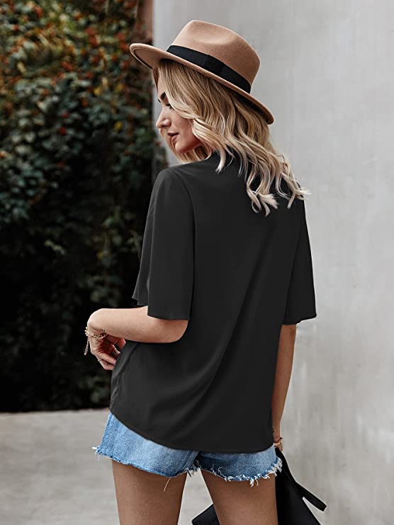 Women's Butterfly Sleeve Button Front V Neck Casual Blouse Tops