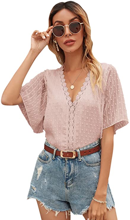 Women's Short Sleeve V Neck Summer Lace Tops Swiss Dots Casual Blouses Tee Shirts