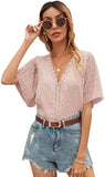 Women's Short Sleeve V Neck Summer Lace Tops Swiss Dots Casual Blouses Tee Shirts