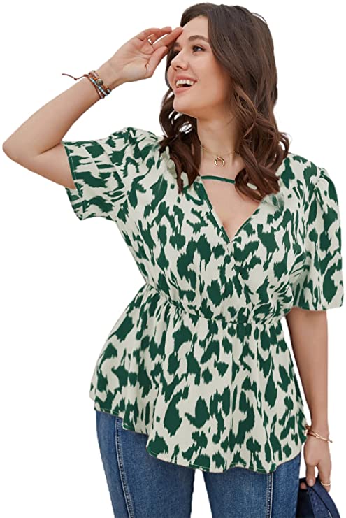 Women's Plus Keyhole Wrap Ruffle Peplum Top Blouse Leopard Short Sleeve V Neck Shirt