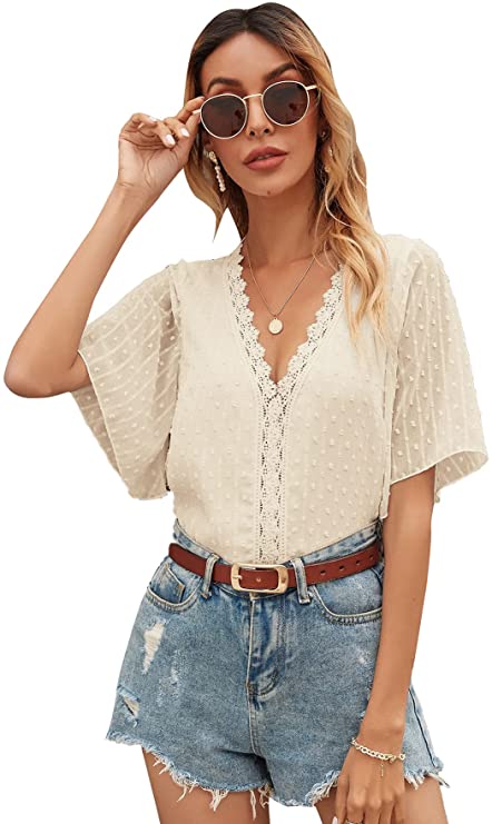 Women's Short Sleeve V Neck Summer Lace Tops Swiss Dots Casual Blouses Tee Shirts