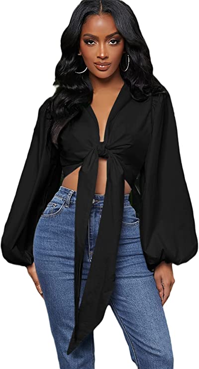 Women's Long Sleeve Solid Blouse Bow Tie Plunging V Neck Bishop Sleeve Top