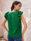 Women's Casual Round Neck Ruffles Solid Top Cap Sleeve Keyhole Back Blouse