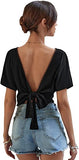 Women's Backless Short Sleeve Crop Tops Boat Neck Tie Back Solid Tee Shirts