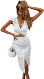 Women's Twist Plunging Neck Ruffle Crop Blouse Top 2 Pieces Midi Skirt Set