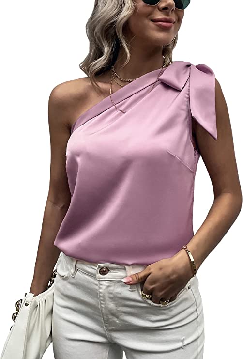 Women's Satin One Shoulder Tunic Tops Sleeveless Tie Knot Shirt Blouses