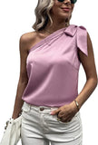 Women's Satin One Shoulder Tunic Tops Sleeveless Tie Knot Shirt Blouses