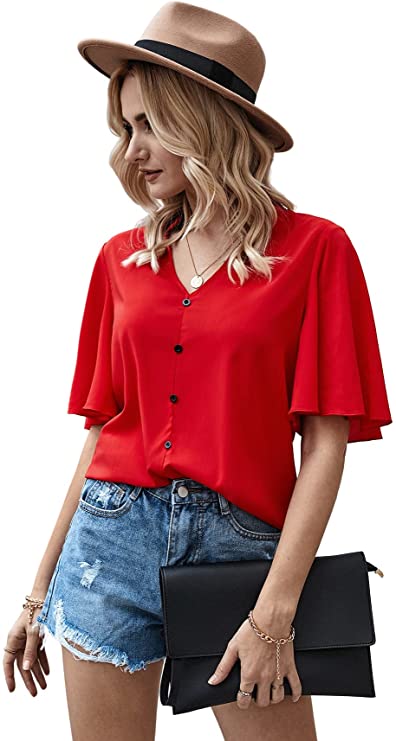 Women's Butterfly Sleeve Button Front V Neck Casual Blouse Tops