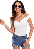 Women's Off Shoulder Crop Tee Top Short Sleeve Notch Neck Ribbed Knit T Shirt