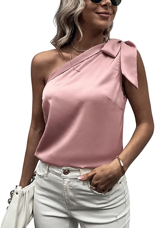 Women's Satin One Shoulder Tunic Tops Sleeveless Tie Knot Shirt Blouses