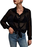 Women's Sheer Button Down Top Long Sleeve Collar Drop Shoulder Blouse Shirt