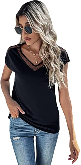 Women's Polka Dots Contrast Mesh Batwing Short Sleeve Shirt Blouse Top