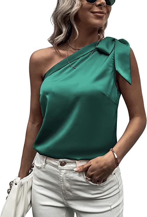 Women's Satin One Shoulder Tunic Tops Sleeveless Tie Knot Shirt Blouses