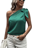 Women's Satin One Shoulder Tunic Tops Sleeveless Tie Knot Shirt Blouses