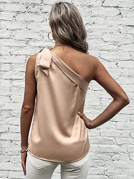 Women's Satin One Shoulder Tunic Tops Sleeveless Tie Knot Shirt Blouses