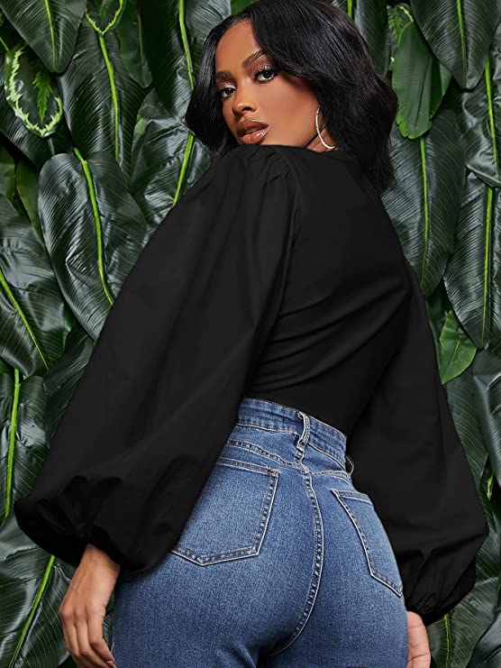 Women's Long Sleeve Solid Blouse Bow Tie Plunging V Neck Bishop Sleeve Top