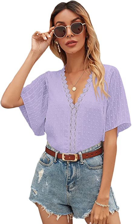 Women's Short Sleeve V Neck Summer Lace Tops Swiss Dots Casual Blouses Tee Shirts