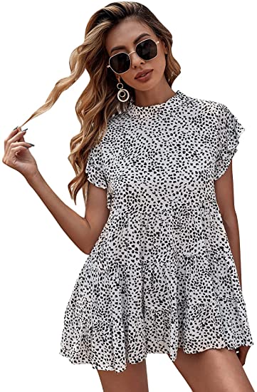 Women's Ruffle Cap Short Sleeve Peplum Top Leopard Mock Neck Blouse Shirt