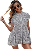 Women's Ruffle Cap Short Sleeve Peplum Top Leopard Mock Neck Blouse Shirt